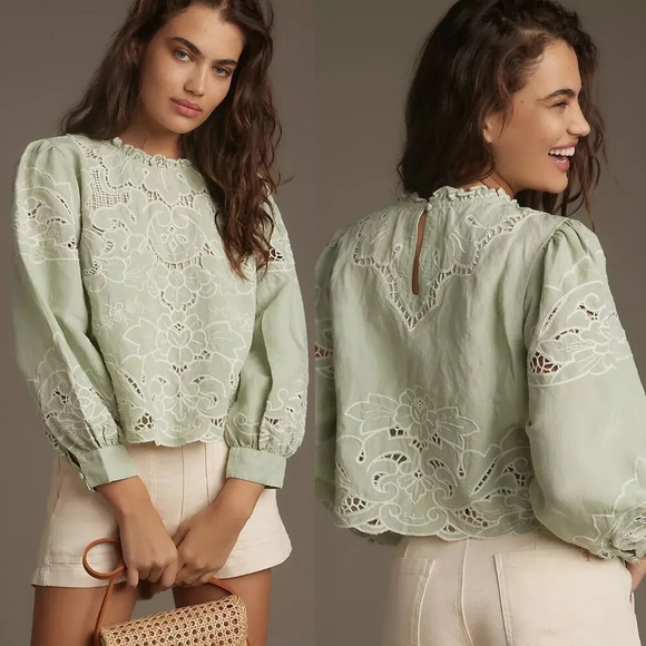 Anthropologie The Lainie Long-Sleeve Lace Cutwork Blouse Size XS NWOT $148 - Picture 1 of 8